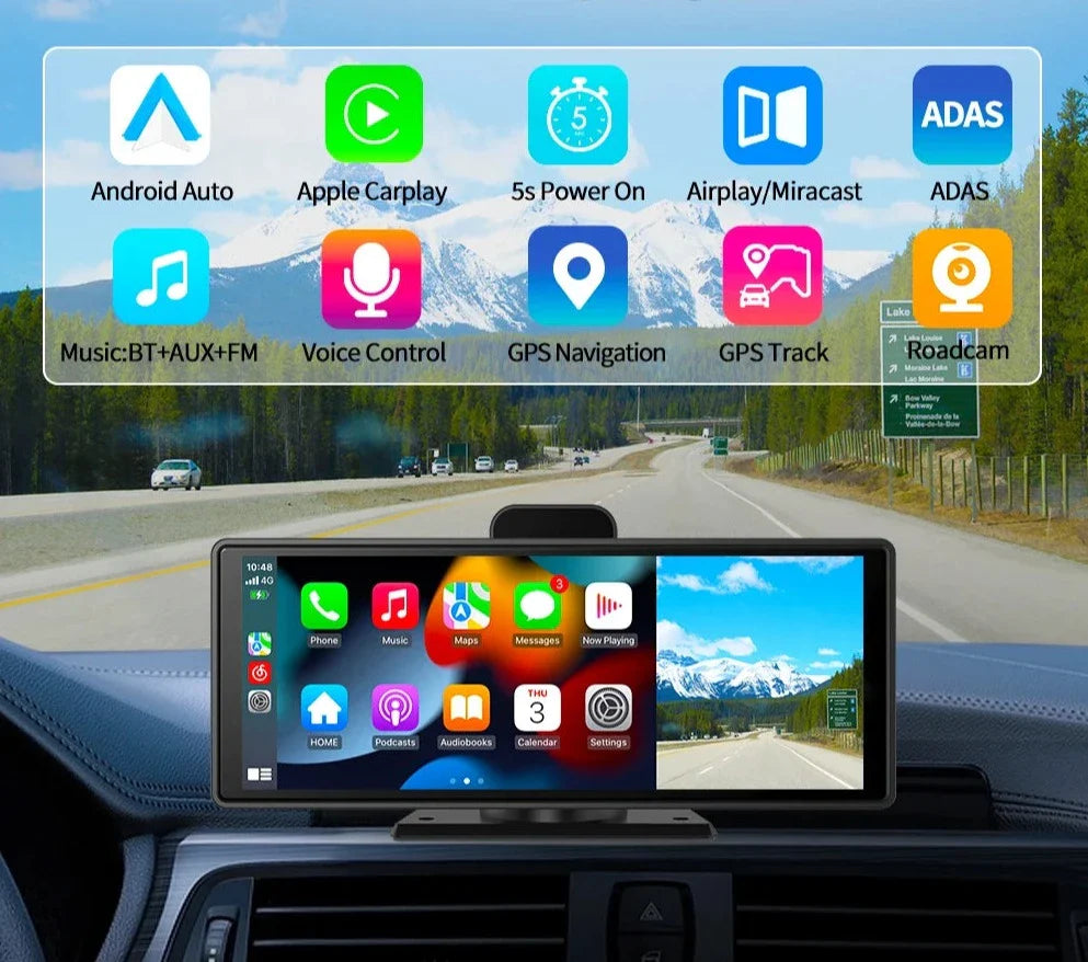 QuickView - 10.26" 4K Dash Cam met draadloze CarPlay, Android Auto, 5G WiFi en GPS - Afbeelding 2